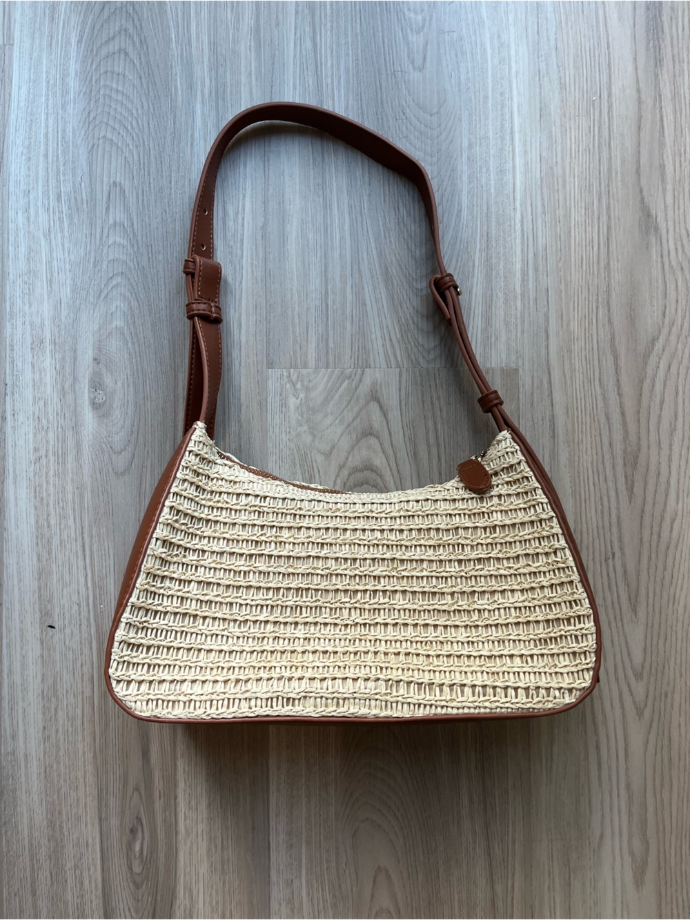 Woven Straw Shoulder Bag with Brown Trim